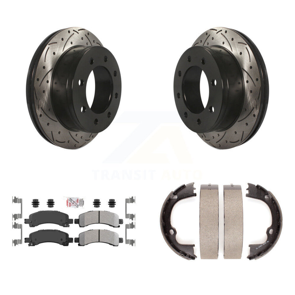 Rear Disc Drilled & Slotted Rotors Semi-Metallic Pads Parking Shoes Kit For Chevrolet GMC KDA-103256