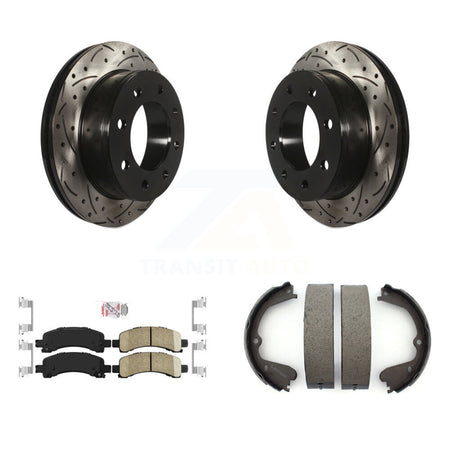 Rear Disc Drilled & Slotted Rotors Ceramic Pads And Parking Shoes Kit For GMC Savana 3500 KDA-103257