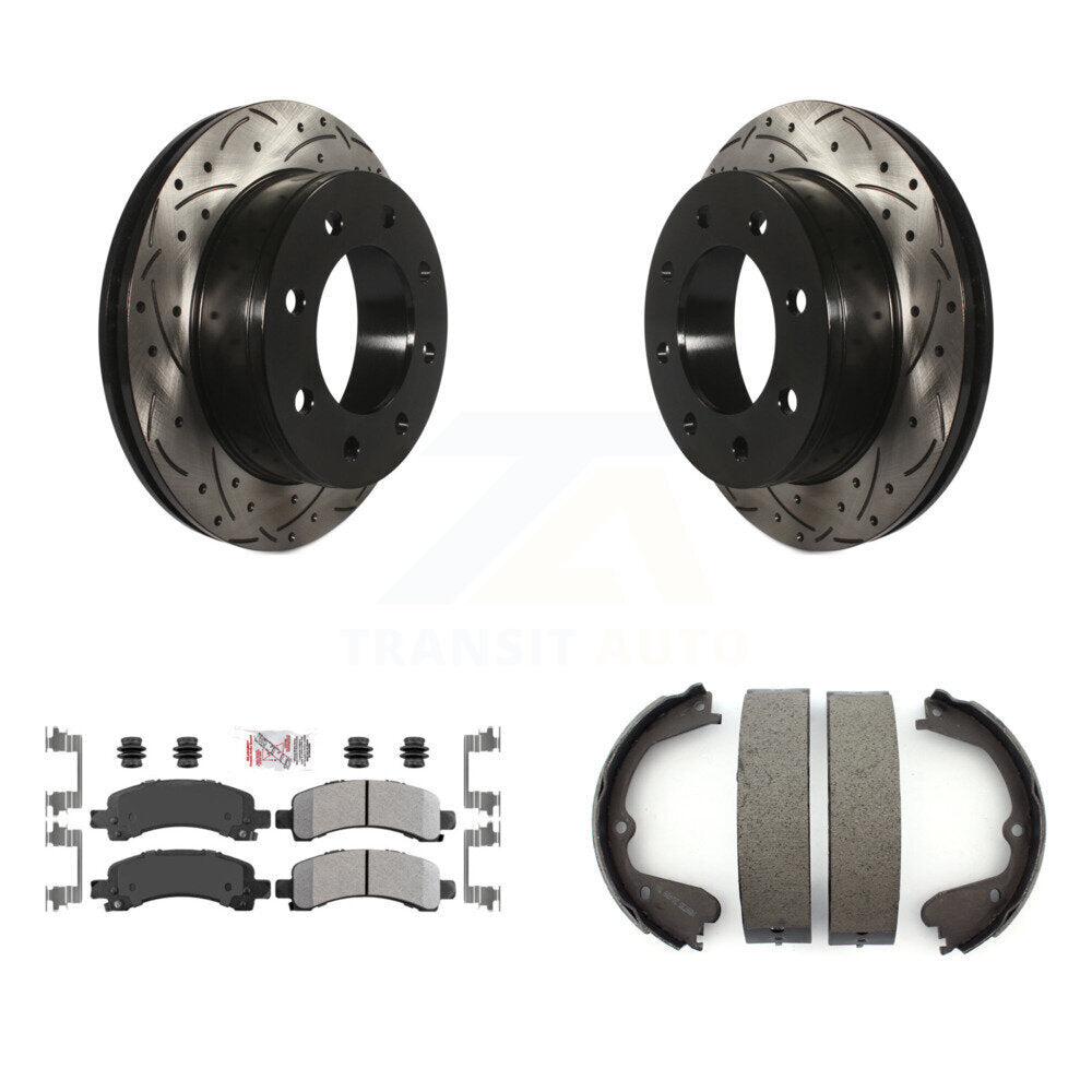 Rear Disc Drilled & Slotted Rotors Semi-Metallic Pads And Parking Brake Shoes Kit For KDA-103258