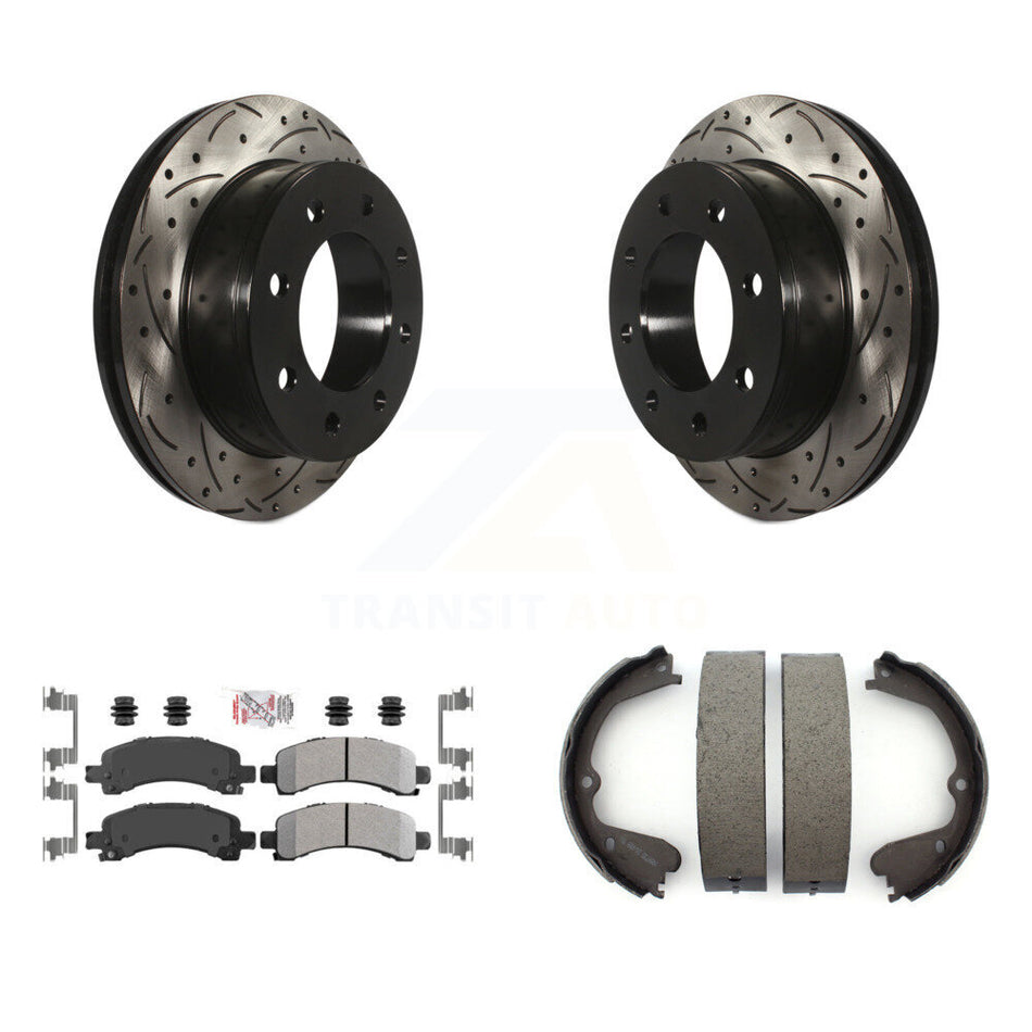 Rear Disc Drilled & Slotted Rotors Semi-Metallic Pads And Parking Brake Shoes Kit For KDA-103258