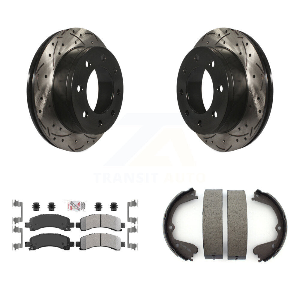 Rear Disc Drilled & Slotted Rotors Semi-Metallic Pads And Parking Brake Shoes Kit For KDA-103260