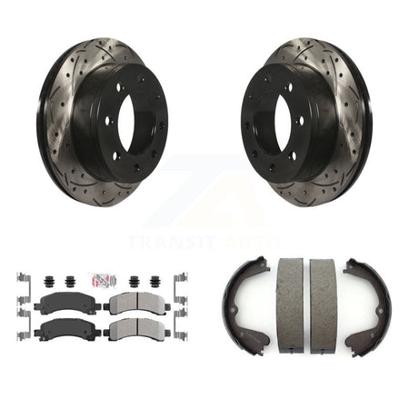 Rear Disc Drilled & Slotted Rotors Semi-Metallic Pads And Parking Brake Shoes Kit For KDA-103260