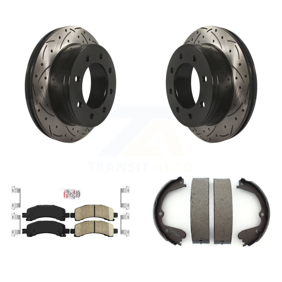 Rear Disc Drilled & Slotted Rotors Ceramic Pads And Parking Shoes Kit For GMC Savana 3500 KDA-103261