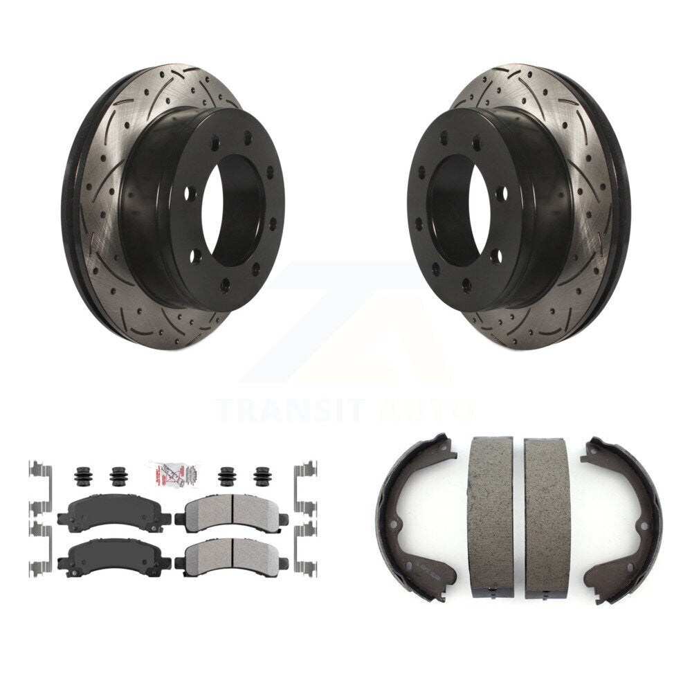 Rear Disc Drilled & Slotted Rotors Semi-Metallic Pads And Parking Brake Shoes Kit For KDA-103262