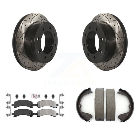 Rear Disc Drilled & Slotted Rotors Semi-Metallic Pads And Parking Brake Shoes Kit For KDA-103262