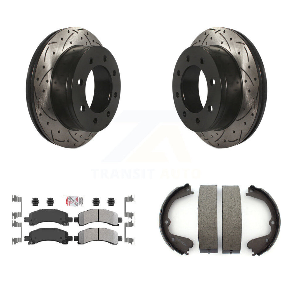 Rear Disc Drilled & Slotted Rotors Semi-Metallic Pads And Parking Brake Shoes Kit For KDA-103262