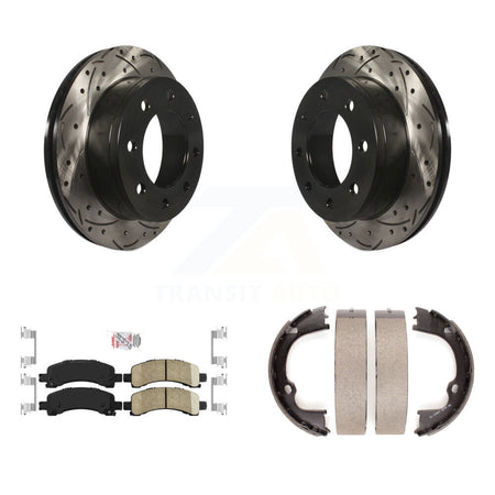 Rear Disc Drilled & Slotted Rotors Ceramic Pads Parking Shoes Kit For Chevrolet Express KDA-103263