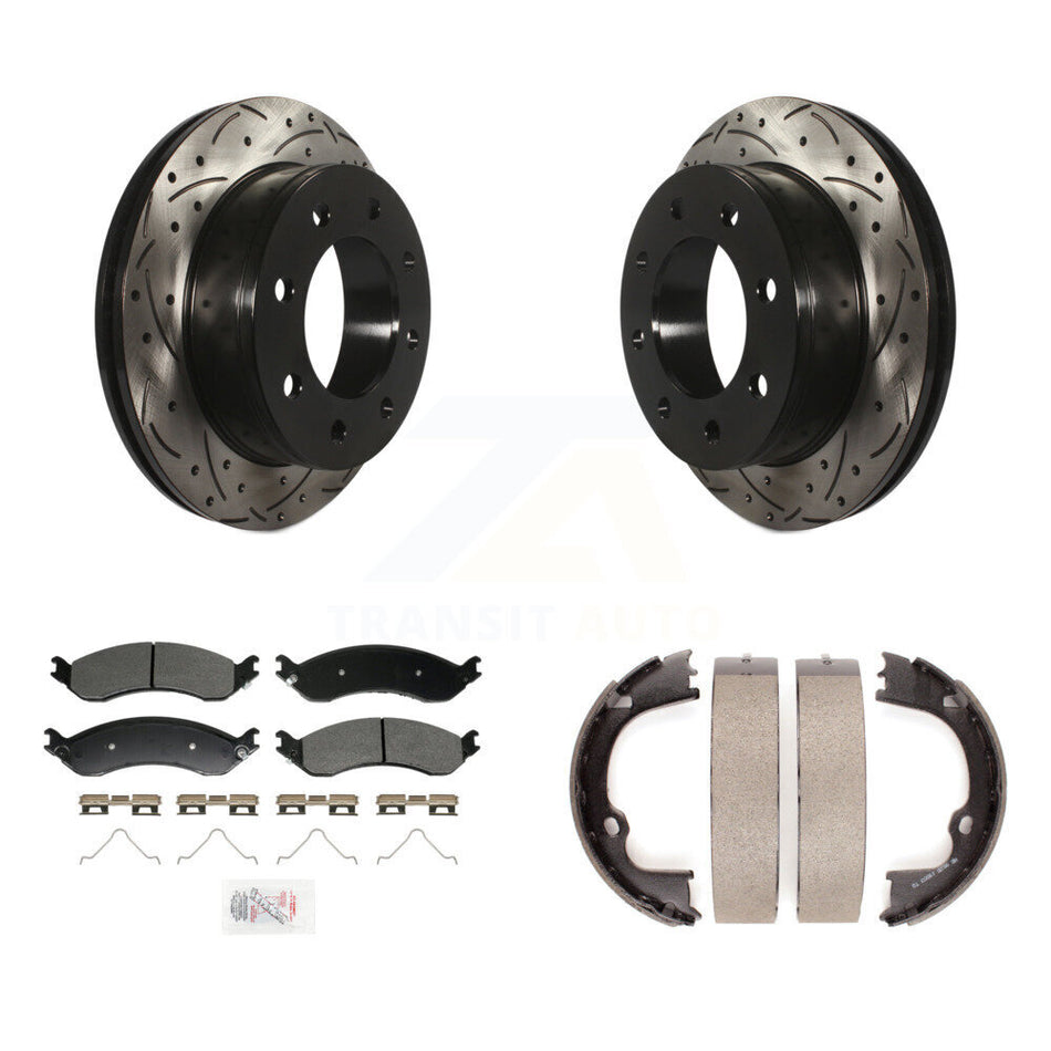 Rear Disc Drilled & Slotted Rotors Semi-Metallic Pads Parking Shoes Kit For GMC Chevrolet KDA-103265