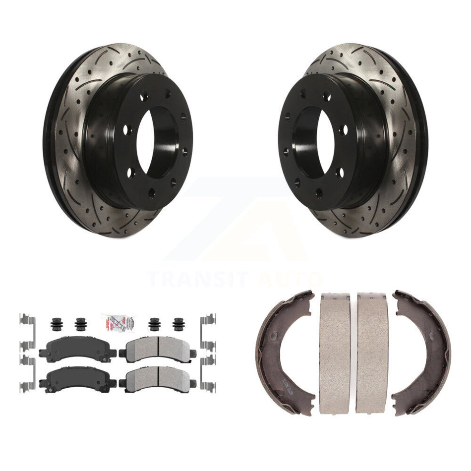 Rear Disc Drilled & Slotted Rotors Semi-Metallic Pads Parking Shoes Kit For Chevrolet GMC KDA-103269