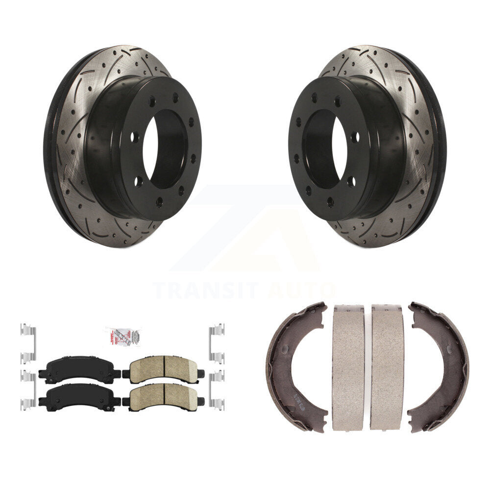 Rear Disc Drilled & Slotted Rotors Ceramic Pads Parking Shoes Kit For Chevrolet GMC 3500 KDA-103270