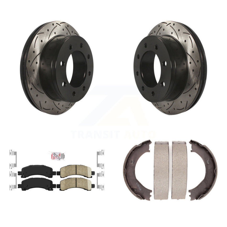 Rear Disc Drilled & Slotted Rotors Ceramic Pads Parking Shoes Kit For Chevrolet GMC 3500 KDA-103270