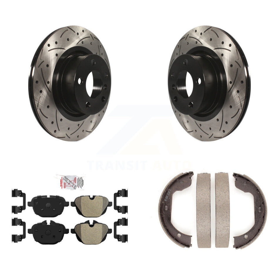 Rear Disc Drilled & Slotted Rotors Semi-Metallic Pads Parking Brake Shoes Kit For BMW X3 KDA-103274