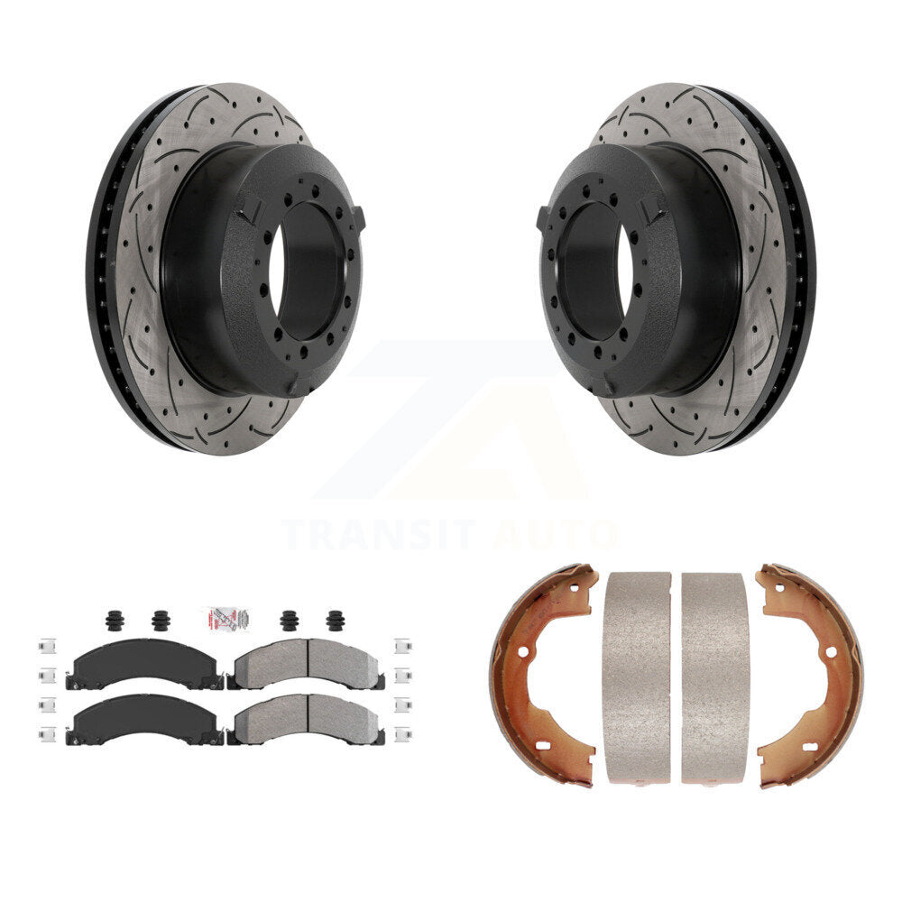 Rear Disc Drilled & Slotted Rotors Semi-Metallic Pads Parking Shoes Kit For Ram Dodge 45 KDA-103275