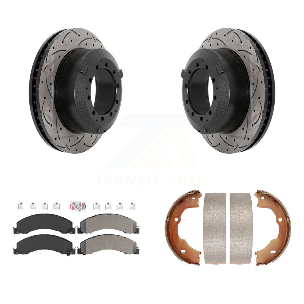 Rear Disc Drilled & Slotted Rotors Semi-Metallic Pads Parking Shoes Kit For Ram Dodge 45 KDA-103276
