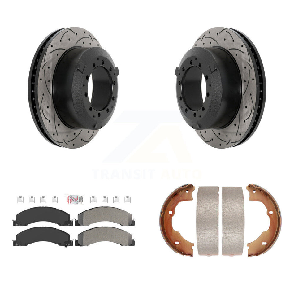 Rear Disc Drilled & Slotted Rotors Semi-Metallic Pads Parking Shoes Kit For Ram Dodge 45 KDA-103276