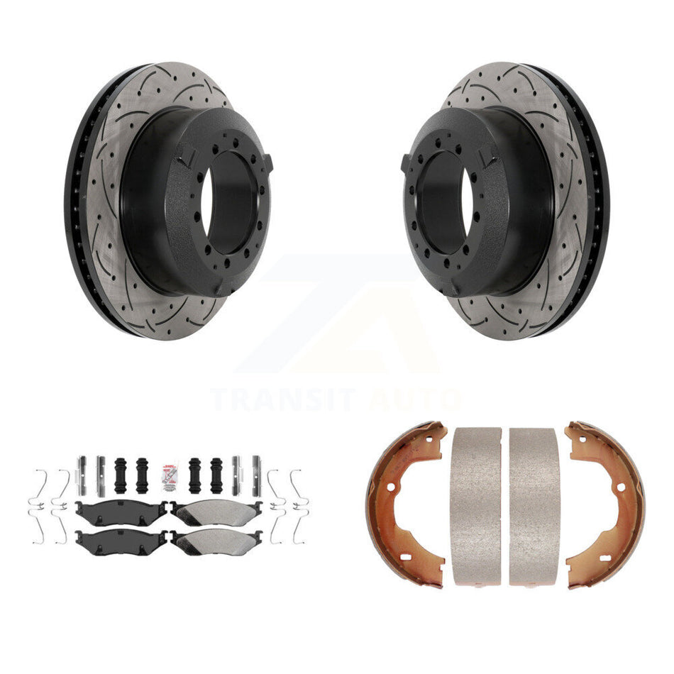 Rear Disc Drilled & Slotted Rotors Semi-Metallic Pads Parking Shoes Kit For Ford F-450 KDA-103277
