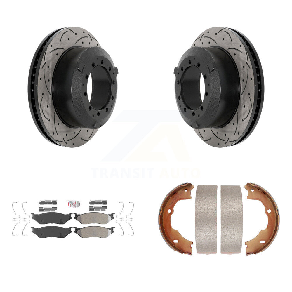 Rear Disc Drilled & Slotted Rotors Semi-Metallic Pads Parking Shoes Kit For Ford F-450 KDA-103278