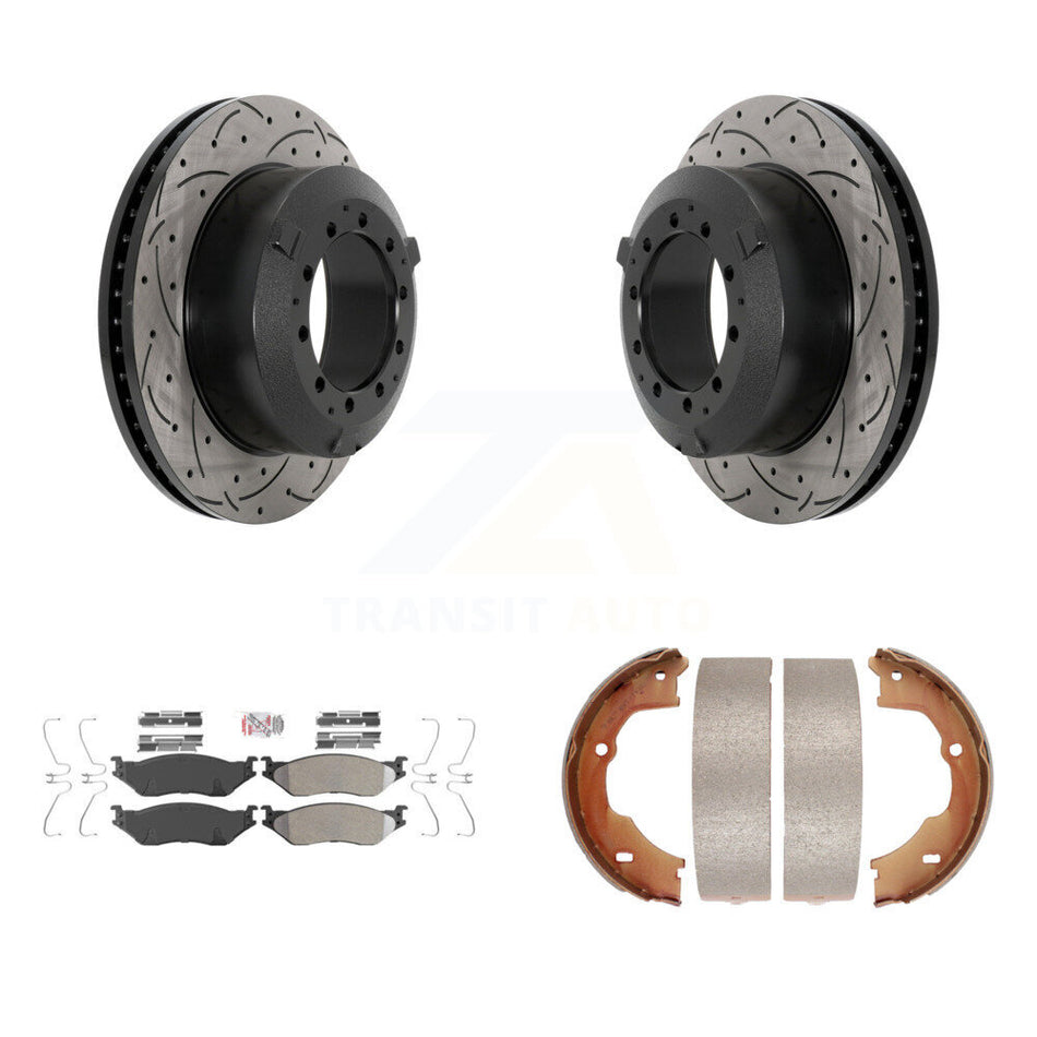 Rear Disc Drilled & Slotted Rotors Semi-Metallic Pads Parking Shoes Kit For Ford F-450 KDA-103278