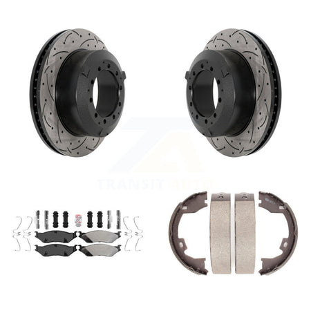 Rear Disc Drilled & Slotted Rotors Semi-Metallic Pads Parking Shoes Kit For Ford F-450 IC KDA-103279