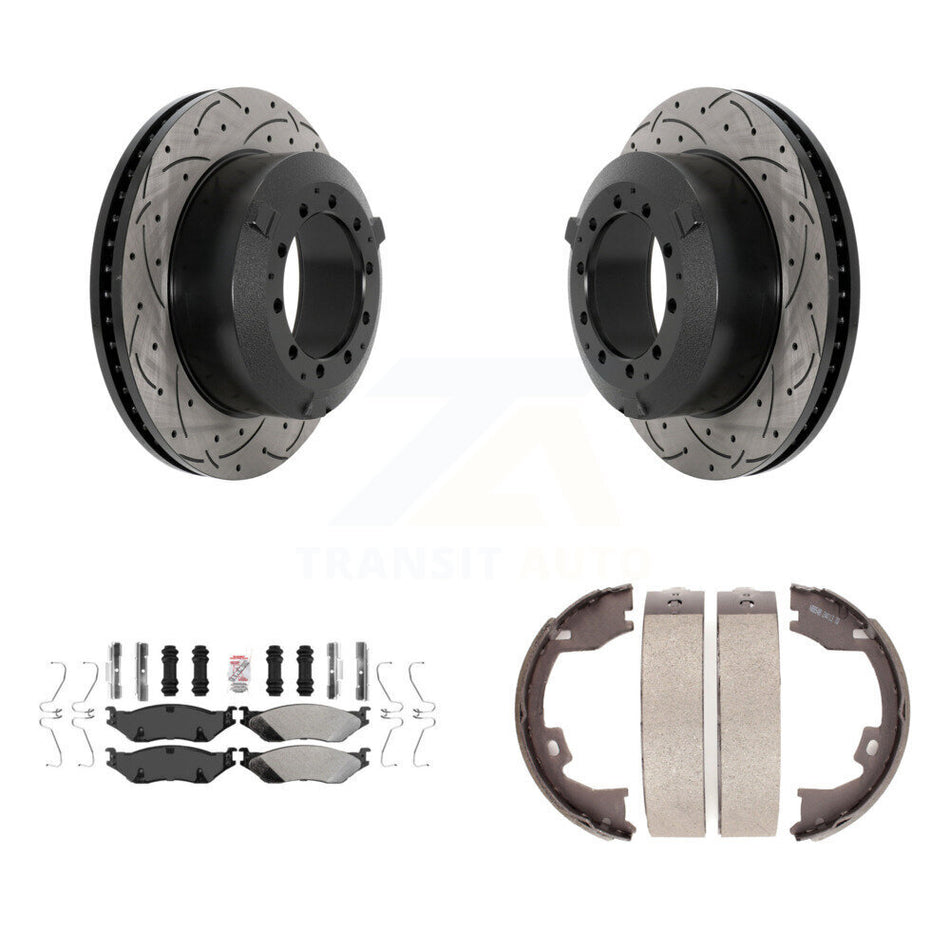 Rear Disc Drilled & Slotted Rotors Semi-Metallic Pads Parking Shoes Kit For Ford F-450 IC KDA-103279