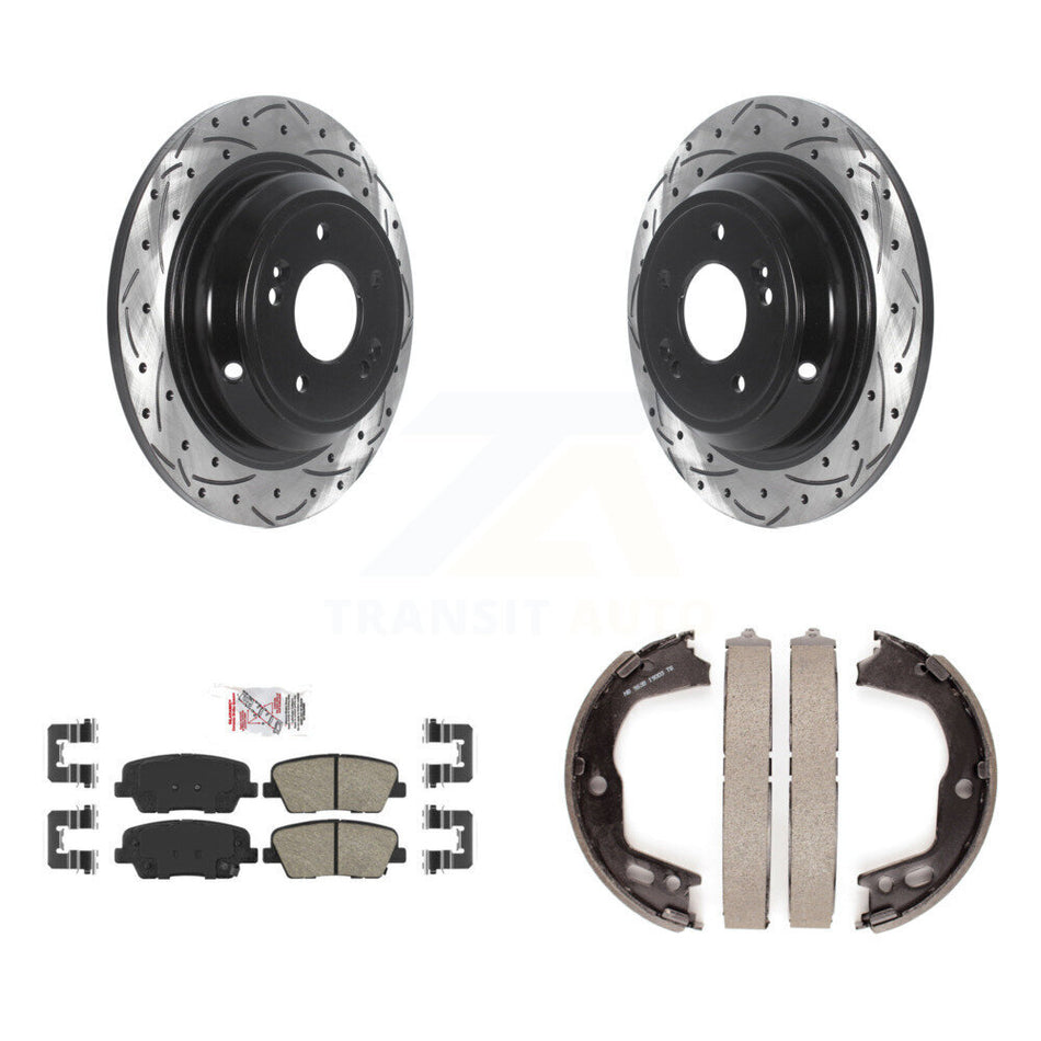 Rear Disc Drilled & Slotted Rotors Ceramic Pads And Parking Shoes Kit For Hyundai Genesis KDA-103283