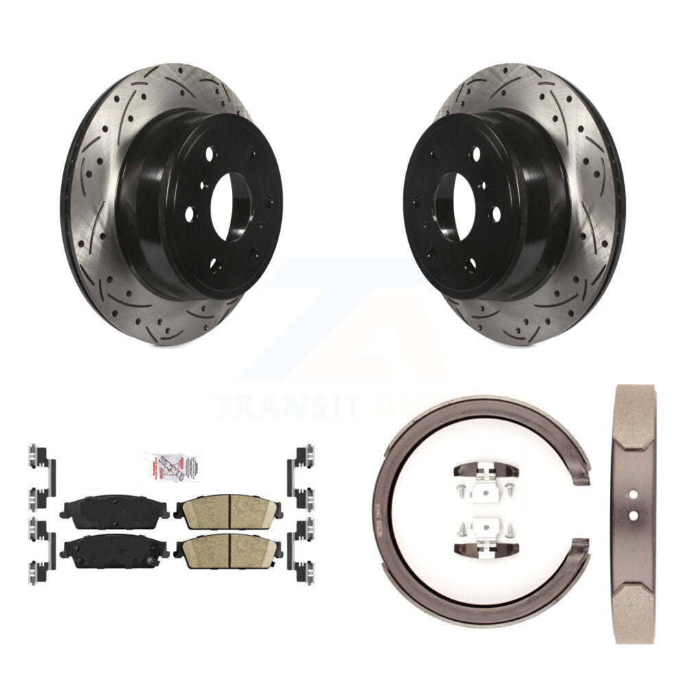 Rear Disc Drilled & Slotted Rotors Ceramic Pads Parking Shoes Kit For Chevrolet GMC 1500 KDA-103286