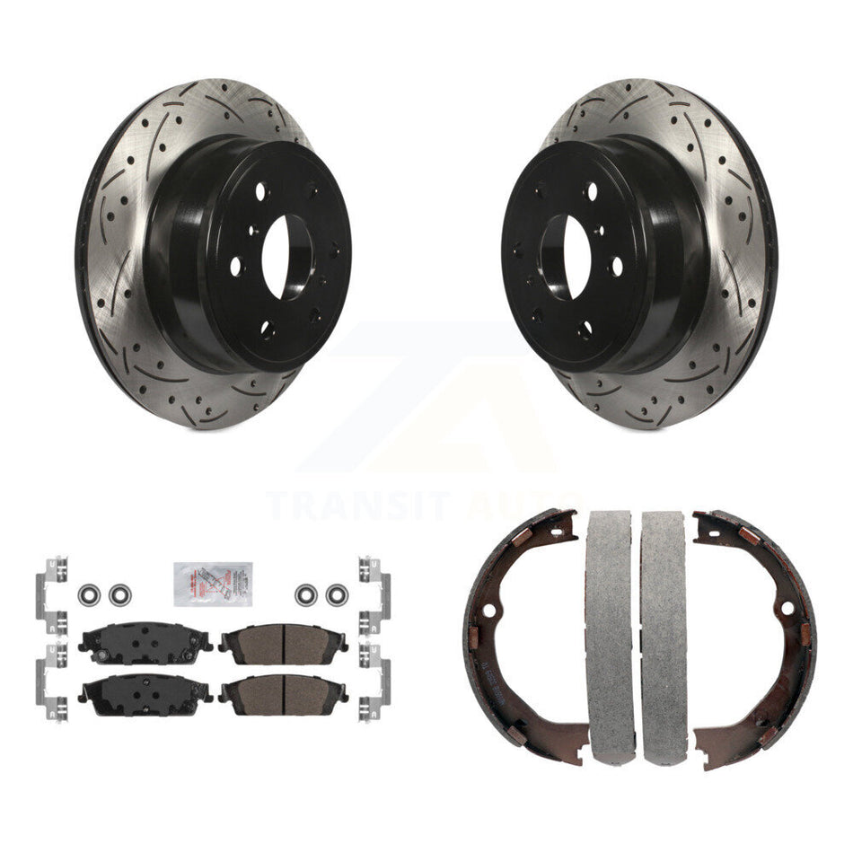 Rear Disc Drilled & Slotted Rotors Semi-Metallic Pads Parking Shoes Kit For GMC Chevrolet KDA-103287