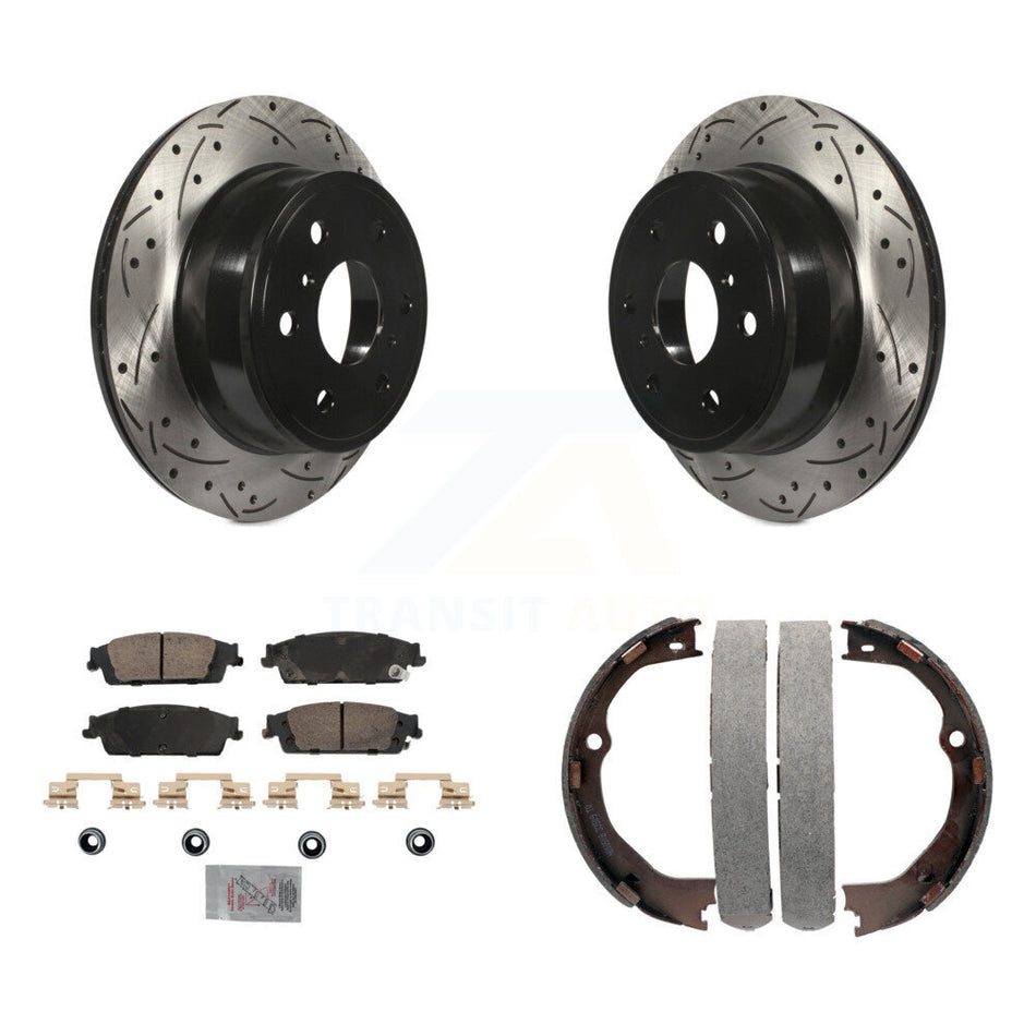 Rear Disc Drilled & Slotted Rotors Ceramic Pads Parking Shoes Kit For GMC Chevrolet 1500 KDA-103288