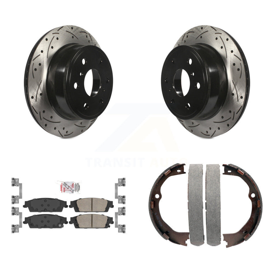 Rear Disc Drilled & Slotted Rotors Ceramic Pads Parking Shoes Kit For GMC Chevrolet 1500 KDA-103289