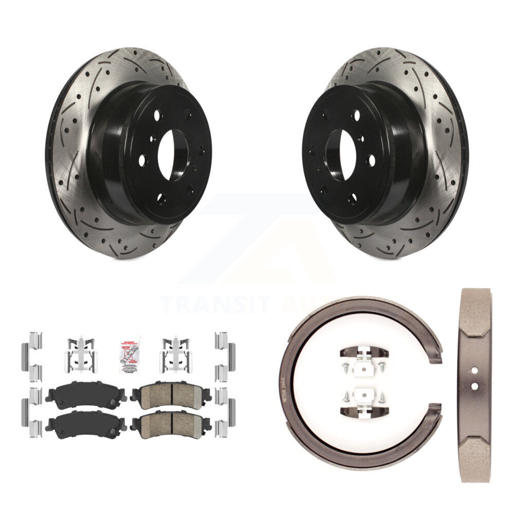 Rear Disc Drilled & Slotted Rotors Ceramic Pads And Parking Brake Shoes Kit For KDA-103290