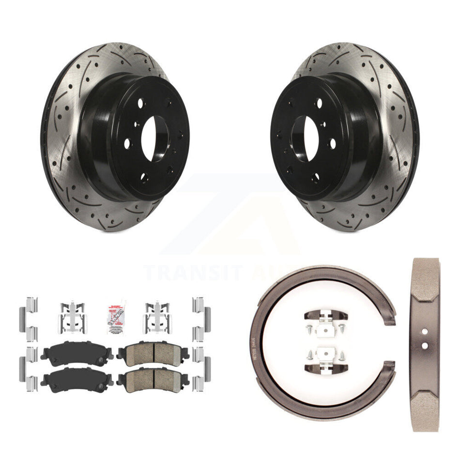 Rear Disc Drilled & Slotted Rotors Ceramic Pads And Parking Brake Shoes Kit For KDA-103290