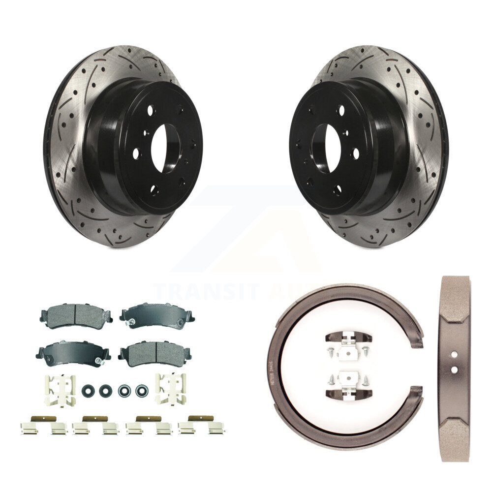 Rear Disc Drilled & Slotted Rotors Semi-Metallic Pads And Parking Brake Shoes Kit For KDA-103291