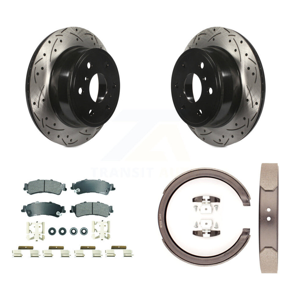 Rear Disc Drilled & Slotted Rotors Semi-Metallic Pads And Parking Brake Shoes Kit For KDA-103291
