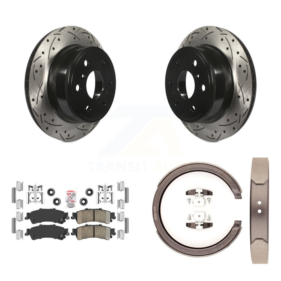 Rear Disc Drilled & Slotted Rotors Ceramic Pads And Parking Brake Shoes Kit For KDA-103292