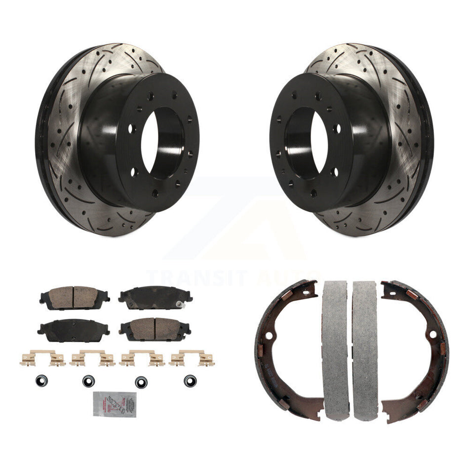 Rear Disc Drilled & Slotted Rotors Ceramic Pads Parking Shoes Kit For Chevrolet Suburban KDA-103294