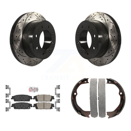 Rear Disc Drilled & Slotted Rotors Ceramic Pads Parking Shoes Kit For Chevrolet Suburban KDA-103295