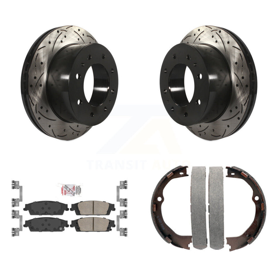 Rear Disc Drilled & Slotted Rotors Ceramic Pads Parking Shoes Kit For Chevrolet Suburban KDA-103295
