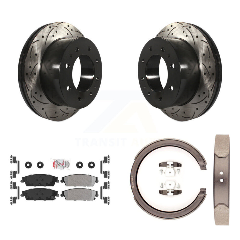 Rear Disc Drilled & Slotted Rotors Semi-Metallic Pads And Parking Brake Shoes Kit For KDA-103299