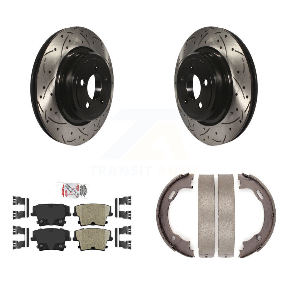 Rear Disc Drilled & Slotted Rotors Ceramic Pads Parking Brake Shoes Kit For Dodge Charger KDA-103302