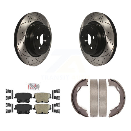 Rear Disc Drilled & Slotted Rotors Ceramic Pads Parking Brake Shoes Kit For Dodge Charger KDA-103302