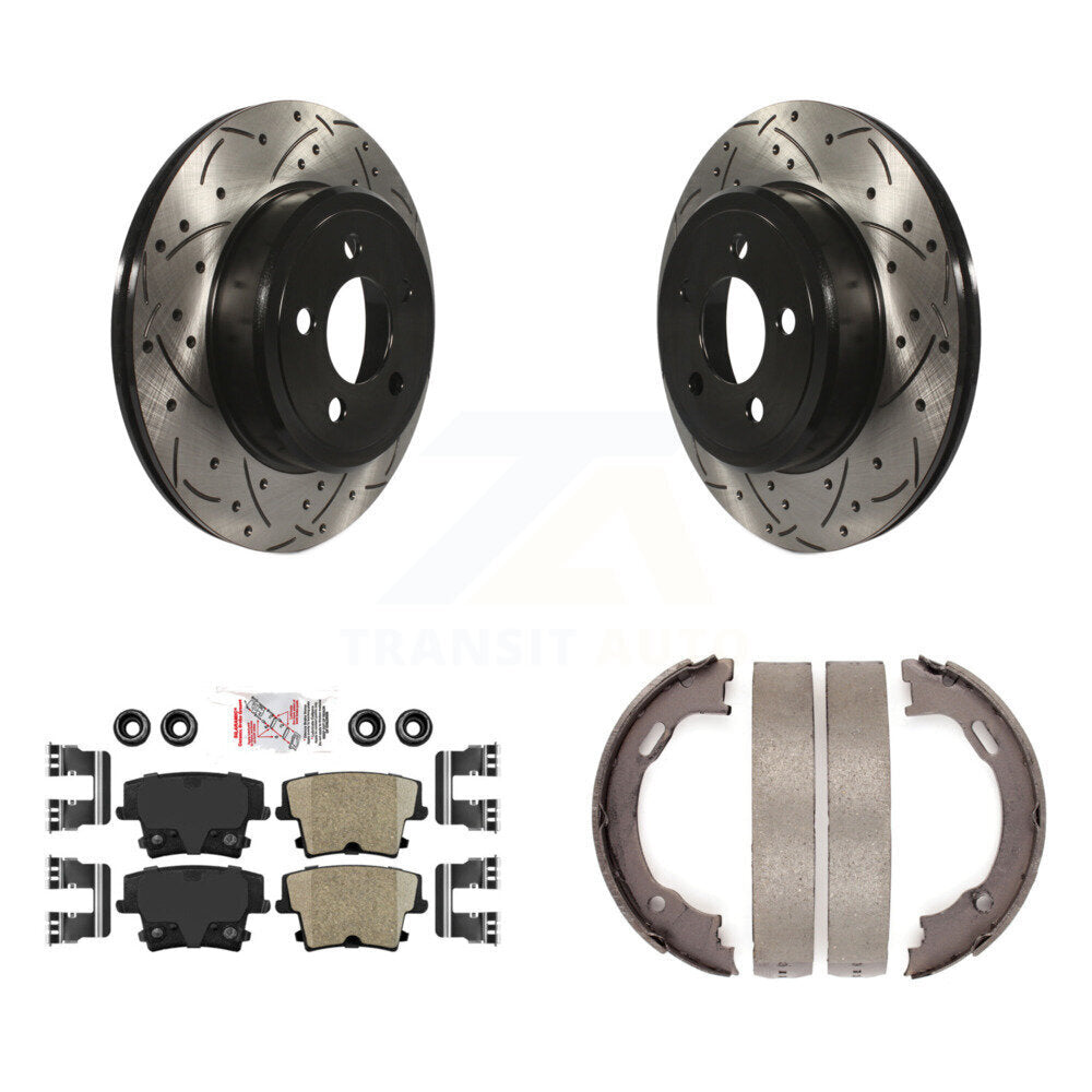 Rear Disc Drilled & Slotted Rotors Ceramic Pads Parking Shoes Kit For Dodge Chrysler 300 KDA-103303