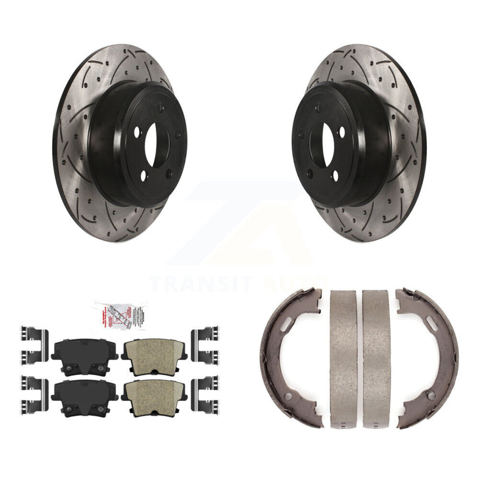 Rear Disc Drilled & Slotted Rotors Ceramic Pads Parking Shoes Kit For Dodge Chrysler 300 KDA-103306