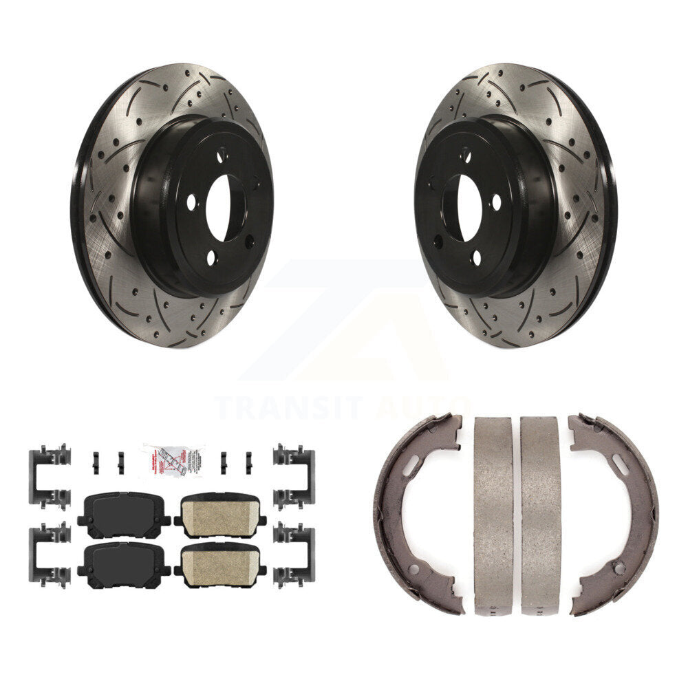 Rear Disc Drilled & Slotted Rotors Ceramic Pads Parking Brake Shoes Kit For Dodge Charger KDA-103308