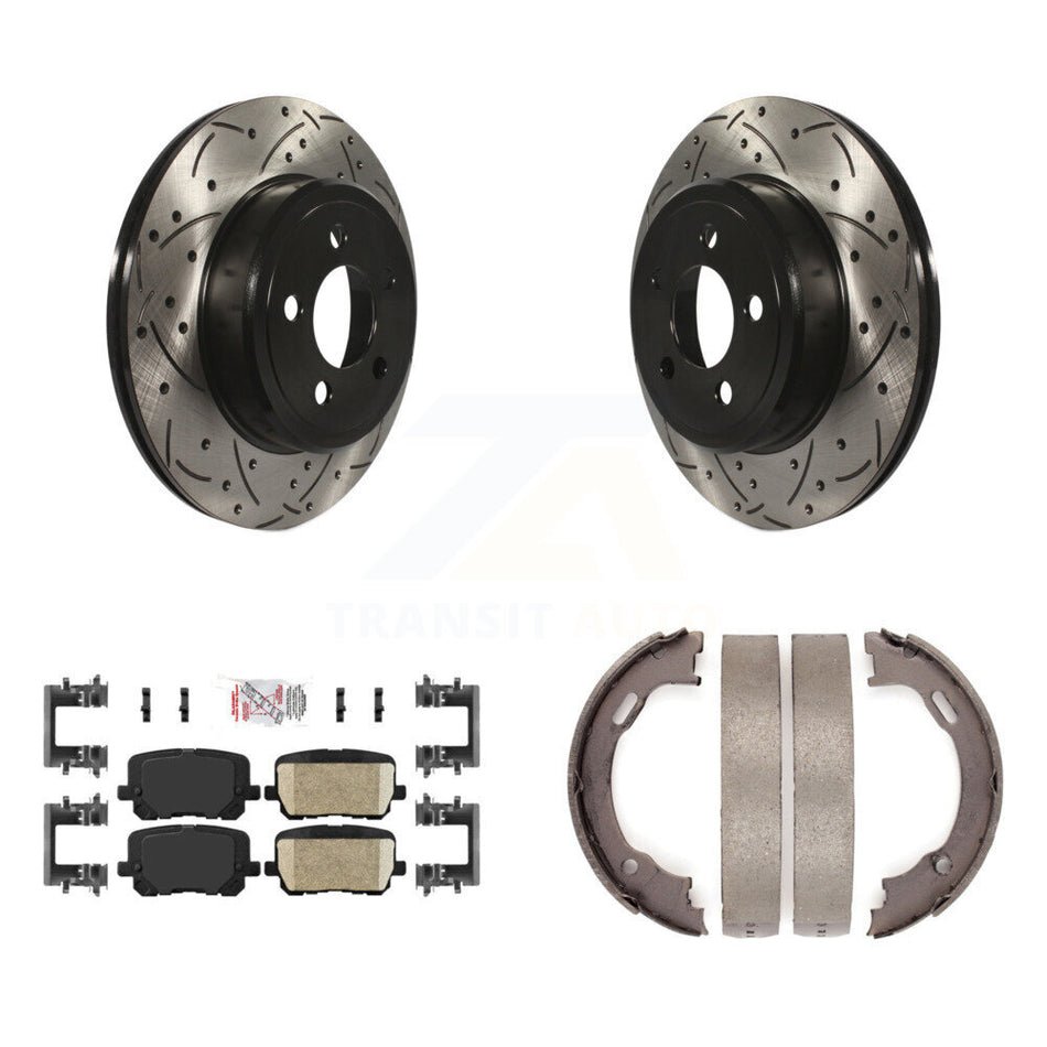 Rear Disc Drilled & Slotted Rotors Ceramic Pads Parking Brake Shoes Kit For Dodge Charger KDA-103308