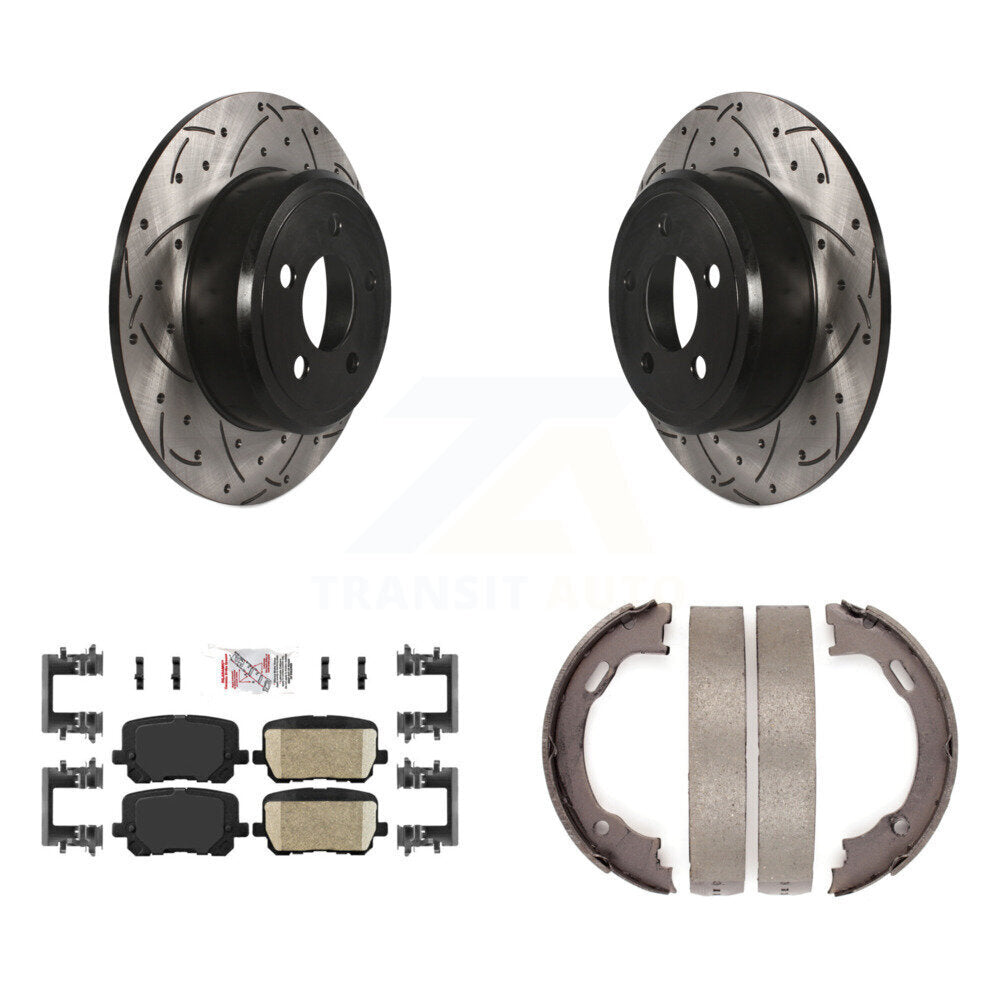 Rear Disc Drilled & Slotted Rotors Ceramic Pads Parking Brake Shoes Kit For Dodge Charger KDA-103309