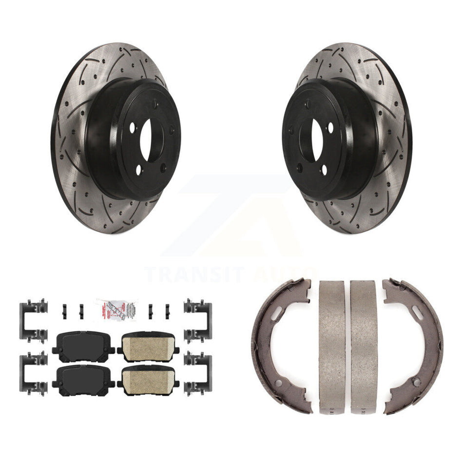 Rear Disc Drilled & Slotted Rotors Ceramic Pads Parking Brake Shoes Kit For Dodge Charger KDA-103309