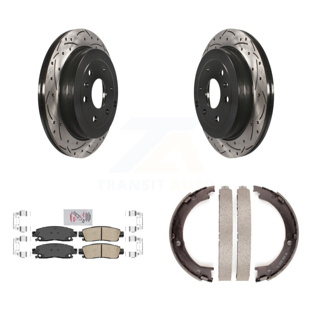 Rear Disc Drilled & Slotted Rotors Ceramic Pads Parking Shoes Kit For GMC Acadia Buick KDA-103321