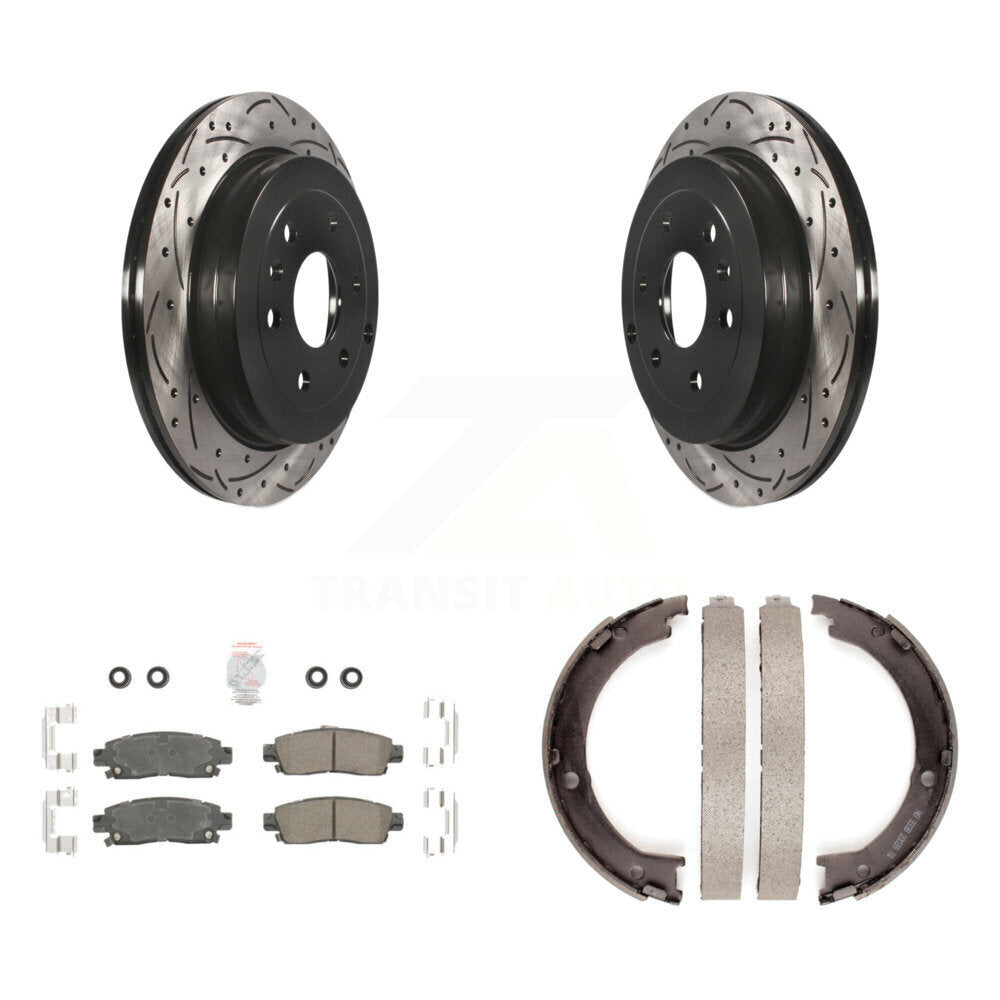 Rear Disc Drilled & Slotted Rotors Ceramic Pads Parking Shoes Kit For GMC Acadia Buick KDA-103322