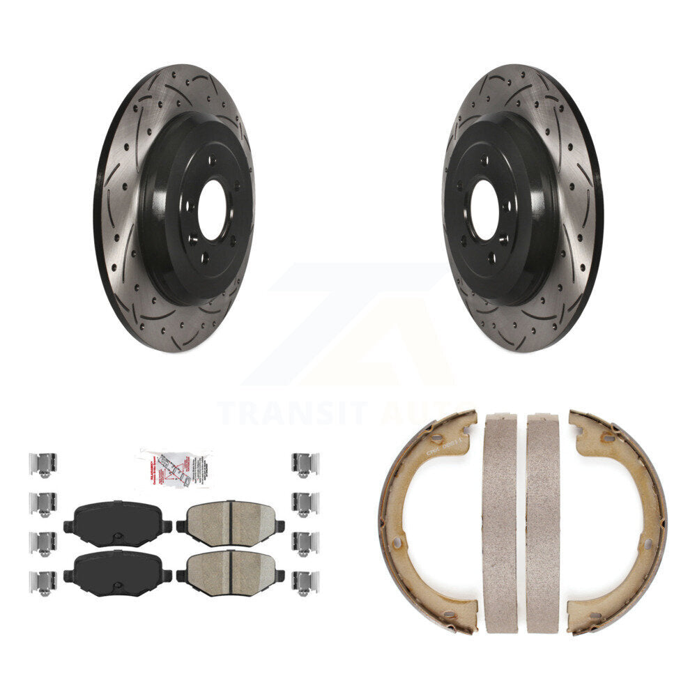 Rear Disc Drilled & Slotted Rotors Ceramic Pads Parking Brake Shoes Kit For Lincoln MKT KDA-103323