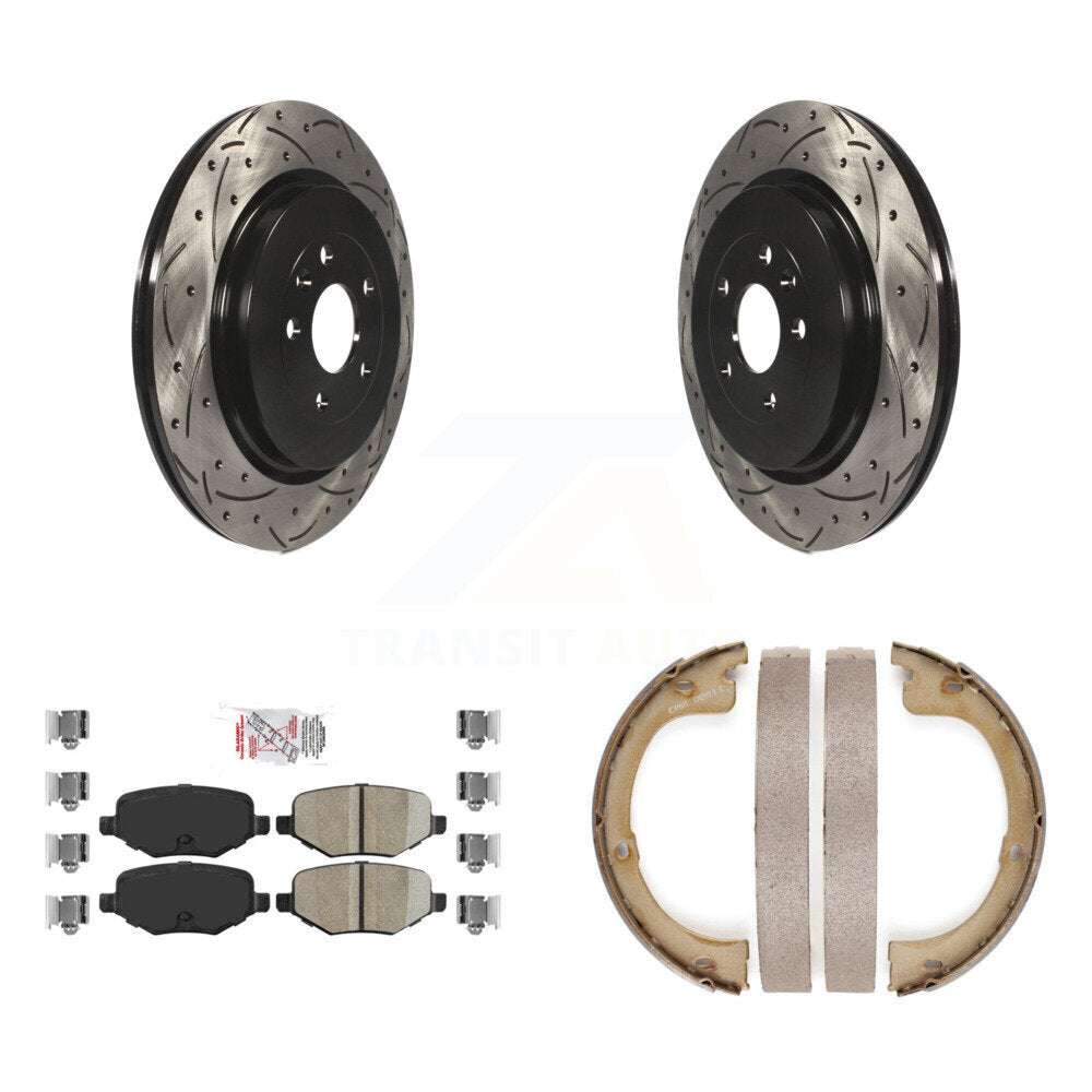 Rear Disc Drilled & Slotted Rotors Ceramic Pads Parking Brake Shoes Kit For Lincoln MKT KDA-103328